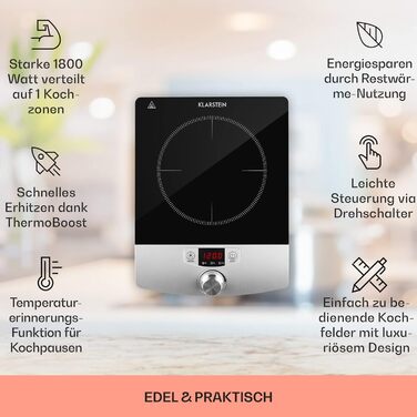 Індукційна варильна поверхня Klarstein, Електричні варильні поверхні, Сучасна варильна поверхня, Індукційна плита для кемпінгу, Індукційна плита 1 плита, Індукційна плита 1800 Вт