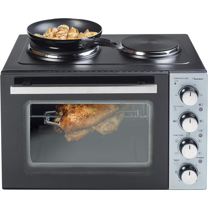 Маленька кухня, міні-піч з подвійною конфоркою, верхній/нижній нагрів з функцією конвекції до 230C, 3200 Вт, чорна міні-піч 31 літр з подвійною конфоркою, 31CP