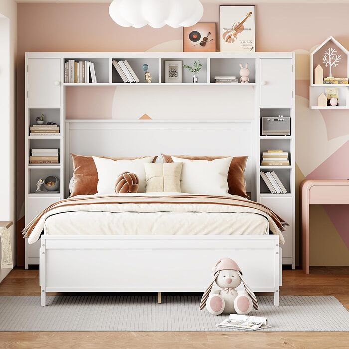 Настінне ліжко 140x200, настінне ліжко з рейковою основою, ліжко-мерфі з 4 шухлядами та великою шафою для зберігання, ліжко з масиву дерева, двоспальне ліжко, каркас ліжка (білий) A-white