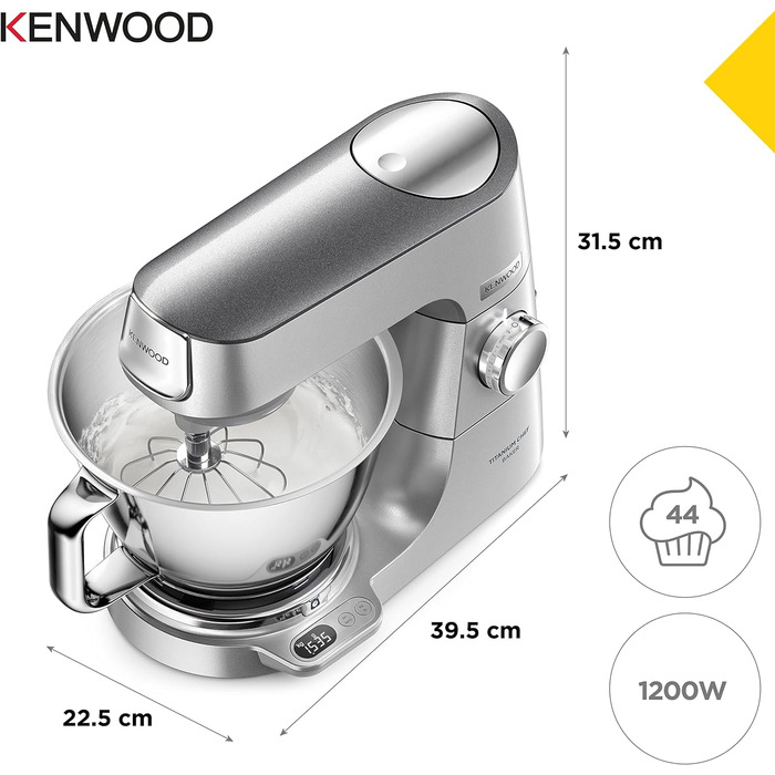 Кухонний комбайн Kenwood Titanium Chef Baker KVC85.004SI з вбудованими вагами, в т.ч. набір кондитерських виробів з 3 предметів, чаша для змішування 5 л і 3,5 л, безступінчастий регулятор швидкості, 1200 Вт, срібло