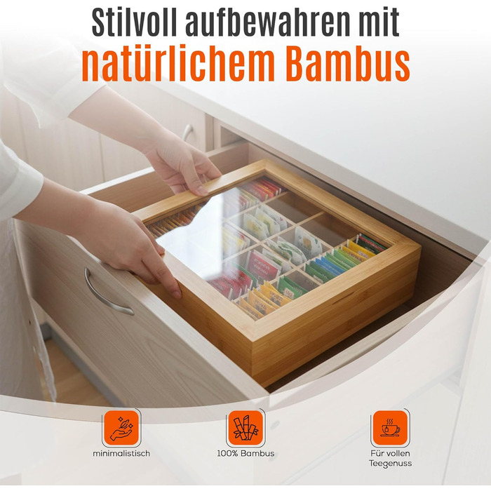 Бамбукова чайна коробка AH з 12 відділеннями коробка для зберігання чайних пакетиків з оглядовим віконцем та магнітною застібкою, ВШ 9 x 29 x 24 см, натуральний колір