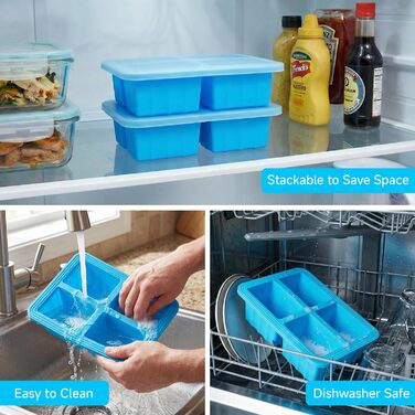 Контейнери для заморожування супів, 2 шт., силіконові кубики для супу з кришками, морозильна камера без бісфенолу А, лоток для кубиків льоду в морозильній камері для бульйону, соусу та льоду (синій)