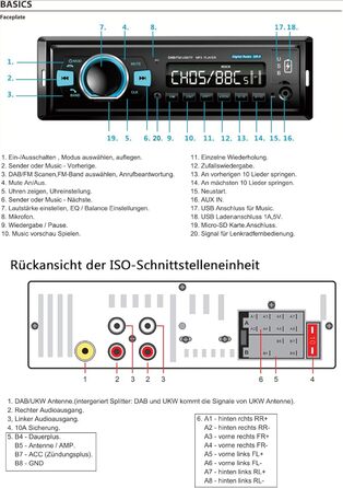 Автомобільна радіостанція DAB з музикою Bluetooth Гучний зв'язок I FM-радіо I 1A Функція заряджання смартфона I microSD USB AUX IN (ipod) I Вбудований мікрофон I Пульт дистанційного керування на кермі I 1 DIN mp3 WAV, 9