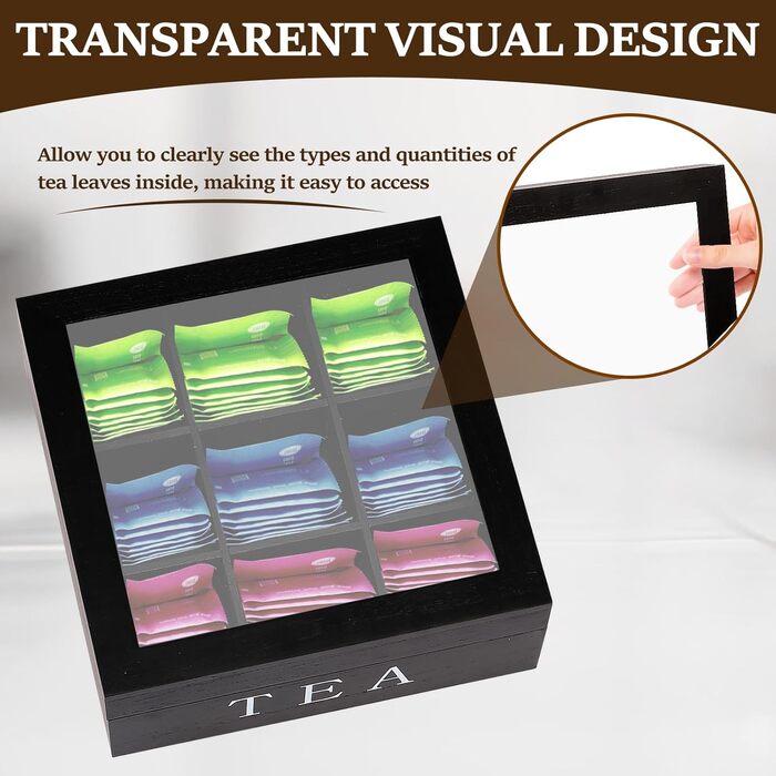 Чайна коробка, коробка для чайних пакетиків з 9 відділеннями, дерев&39яна ємність для чаю, елегантна коробка для зберігання чаю, бляшанка з прозорою кришкою-віконцем для зберігання чаю з захистом від аромату (чорна)