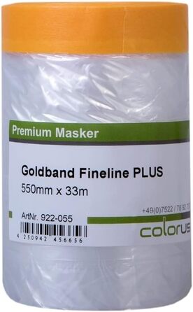 Малярська стрічка Colorus 6 x з захисною плівкою PLUS Goldband Fineline 55 см x 33 м Стійка до ультрафіолету 60 днів, для використання всередині та зовні приміщень Самоклеюча малярська плівка Малярська стрічка з захисною плівкою 6 x 55 см x 3300 см