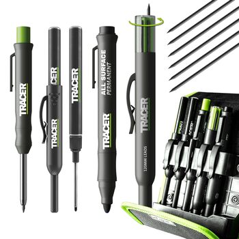 Набір будівельних маркерів Tracer з 5 предметів у футлярі для зберігання столярний олівець, 2 маркери з довгим наконечником, маркер, що не засмічується, та дозатор для змінних картриджів.
