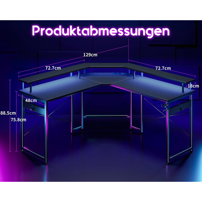 Ігровий стіл ODK 129x129 см, ігровий стіл зі світлодіодом, ігровий стіл для ПК з 2 розетками та 2 портами для зарядки USB, комп'ют