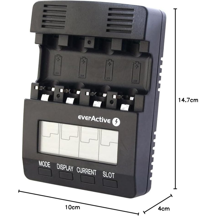 Зарядний пристрій everActive для 4 батарейок типу AAA, професійний та швидкий, РК-дисплей, тест ємності, тест внутрішнього опору, модель NC-3000