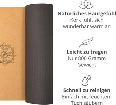 Килимок для йоги преміум-класу з корком (товщина 4 мм) - Нековзний килимок для фітнесу з лініями вирівнювання - Килимок для пілатесу Сумка для йоги Мандала