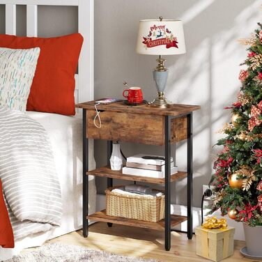 Журнальний столик HOOBRO, відкидний диван-столик із зарядною станцією та полицею для зберігання, вузька тумбочка для невеликих приміщень, спальня, вітальня, міцний, темно-коричневий EBF342BZ01 темно-коричневий чорний 1