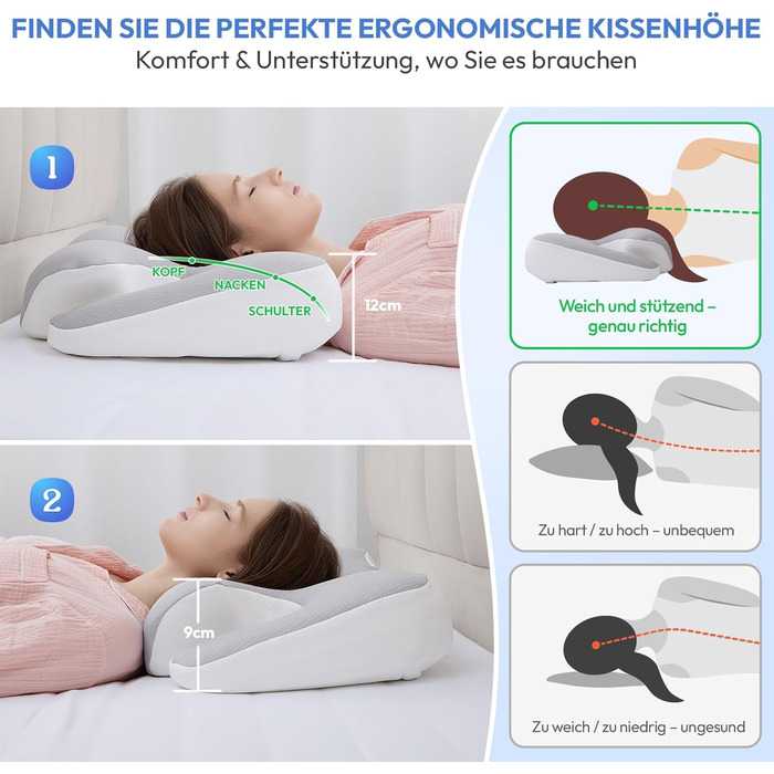 Подушка для шиї, подушка з піни з ефектом пам&39яті 60 x 40 см. Ортопедична подушка зі знімним чохлом - подушка з підтримкою шиї для комфортного сну - ергономічна подушка для сну на спині, боці та животі.