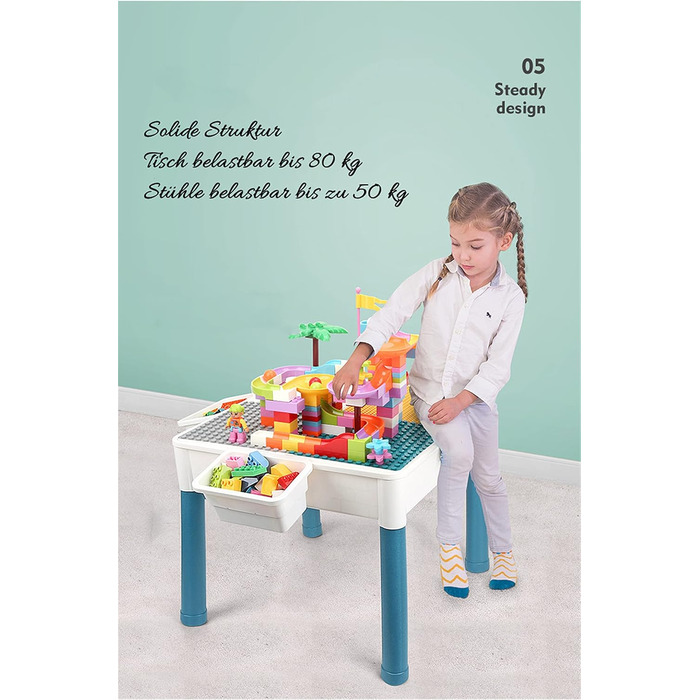 Комплект дитячого столу та стільця 6-в-1, дитячий ігровий стіл, двостороння стільниця 551 см з 292 будівельними блоками, багатофункціональний стіл з 1 стільцем як столом-конструктором, пісочниця, стіл для творчості 51*51