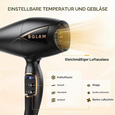 Професійний фен для волосся GLAM 2300W потужний AC-двигун, іонізація, 2 швидкості, 3 температурні режими, кнопка холодного обдуву, дифузор та концентратор у комплекті