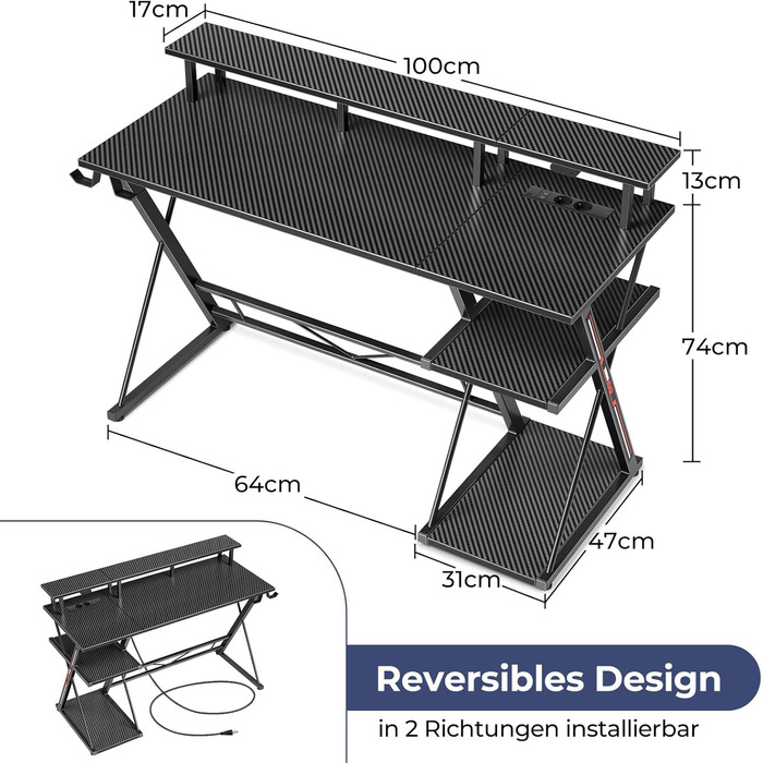 Ігровий стіл SEVEN WARRIOR зі світлодіодним освітленням та розетками, комп&39ютерний стіл 100 см з підставкою для монітора та підставкою для процесора, стіл з 2 гачками та підставкою для ніг, ідеально підходить для спальні або офісу, 100 x 47 x 87 см