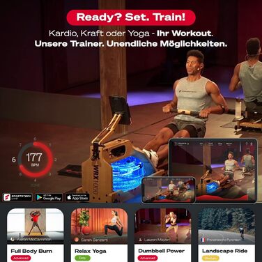 Водний гребний тренажер преміум-класу Sportstech зі світлодіодним резервуаром для води, складний Німецька компанія якості Додаток із програмами тренувань тримач для планшета Гребний тренажер з натурального масиву дерева для домашнього використання WRX1000