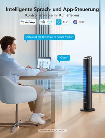 Інтелектуальний безшумний баштовий вентилятор GoveeLife, вентилятори, що обертаються на 75, з додатком і голосовим пультом дистанц