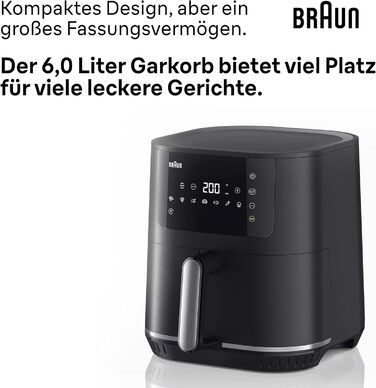 Аерофритюрниця Braun MultiFry 5 для здорового приготування страв, 8 програм, чаша 6 л без PFAS, 80-200 C, 1700 Вт, матово-чорна (HF 5034I BK)