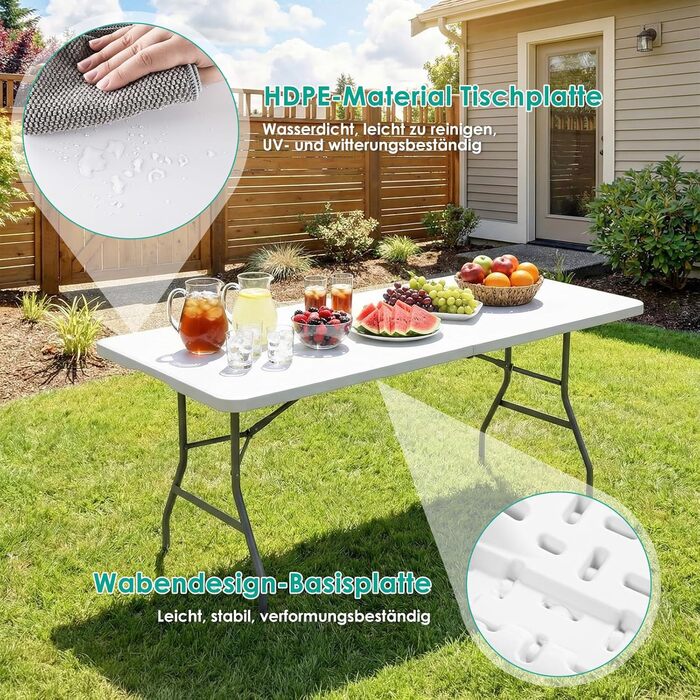 Складаний фуршетний стіл LIFERUN, водонепроникний, 180x75 см, садовий стіл зі стільницею з HDPE, складний пластиковий стіл з ручкою для перенесення, кемпінговий стіл для 10 осіб, вага до 150 кг, святковий стіл для саду, тераси, балкону, білий