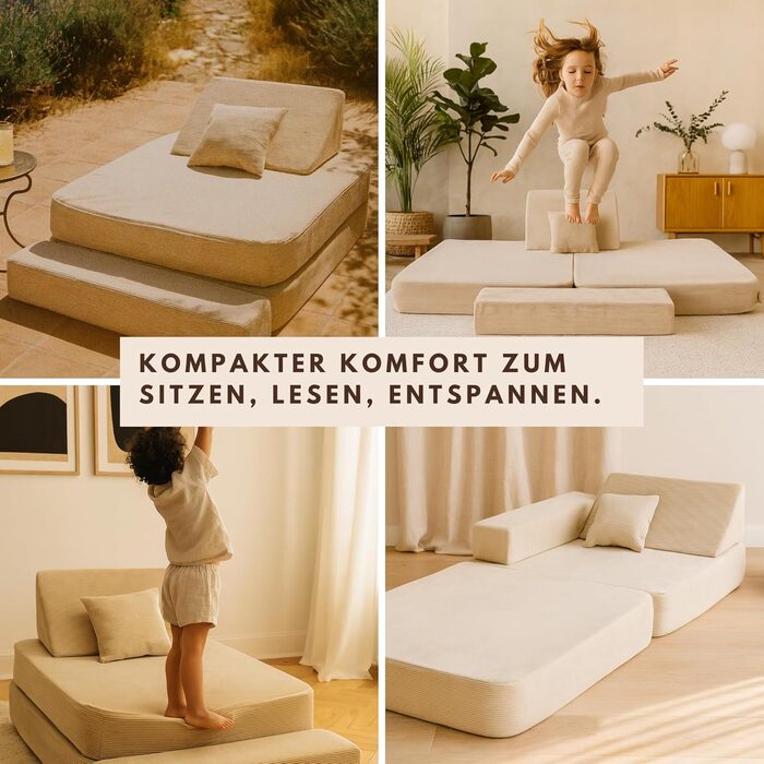 Дитяче крісло Angelove 3-в-1 - Складаний дитячий диван та ігровий матрац з вельвету, Зручне ігрове крісло від 1 року, Бежевий