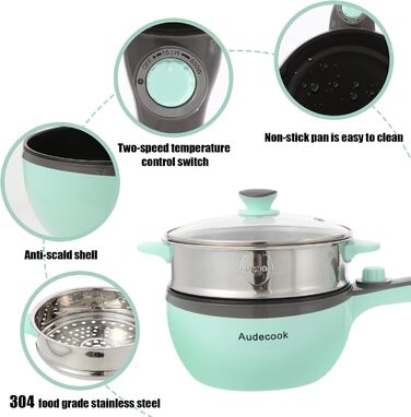 Електрична гаряча каструля Audecook з пароваркою, електрична сковорода, каструля для гарячого горщика 20 см, міні-електрична сковорода з антипригарним покриттям, мультиварка з подвійним регулюванням потужності для гуртожитку (A (зелена/1.5 л з пароваркою)