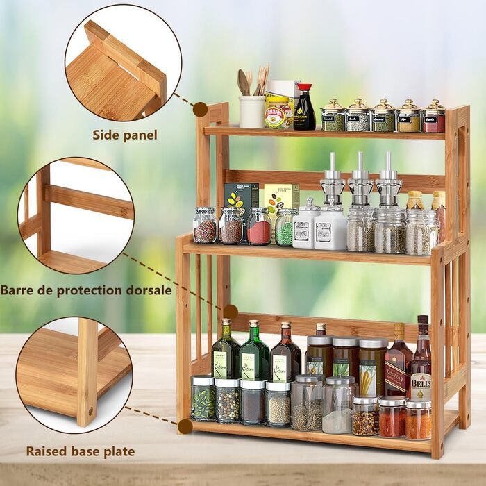 Рівнева бамбукова підставка для спецій, тримач для спецій з регульованими полицями, кухонна підставка для спецій, кутова полиця для кухні та їдальні, 3-
