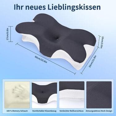 Подушка для шиї, подушка для голови 60x33x10/17 см, подушка з піни з ефектом пам&39яті, подушка для сну на боці, знімна подушка для підтримки шиї для сну на боці, спині та животі (сіра)