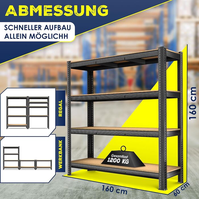 Міцний стелаж MASKO, стелаж для зберігання, підвальний стелаж, 160x160x60 см, вантажопідйомність 1200 кг, 4 регульовані полиці, панелі МДФ, металевий стелаж, стелаж без болтів, стелаж для майстерні, сталевий каркас, гаражний верстак, чорний, 4 полиці