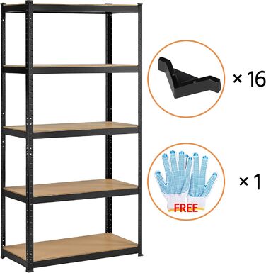 Стелаж для зберігання Yaheetech, безболтові стелажі, 180 x 90 x 45 см, 5 полиць, міцні стелажі, система підвальних стелажів з порошковим покриттям, вантажопідйомність 1325 кг, чорний, 180 x 90 x 45 см