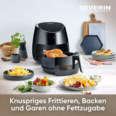 Аерофритюрниця SEVERIN XXL 5 л, Airfryer для здорового приготування страв, безмасляна фритюрниця з 8 автоматичними програмами, 2000 Вт, чорний/сріблястий металік, FR 2445