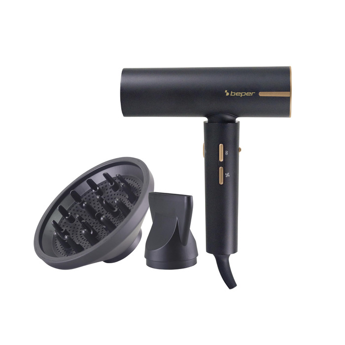 Безщітковий фен BEPER P301ASC010, 1800 Вт, 3 швидкості, 3 температурні режими, LED-індикатор температури, функція самоочищення сітки, чорний, з аксесуарами