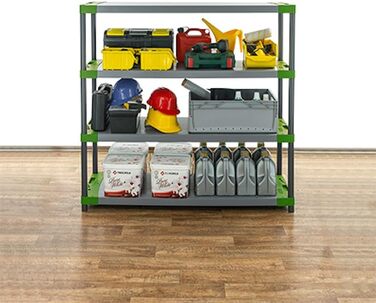 Пластиковий стелаж PROREGAL &quotСірий ведмідь&quot Низький ВxШxГ 138x140x46 см Вантажопідйомність полиці 70 кг Сіро-зелений Пластиковий стелаж для підвалу, стелаж для зберігання, безригельний стелаж ВxШxГ 138x140x46 см сіро-зелений