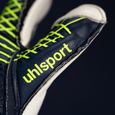 Футбольні воротарські рукавички uhlsport Prediction Soft Flex Frame - Воротарські рукавички для дітей та дорослих із захистом пальців 8 темно-синій/білий/флуоресцентно-жовтий