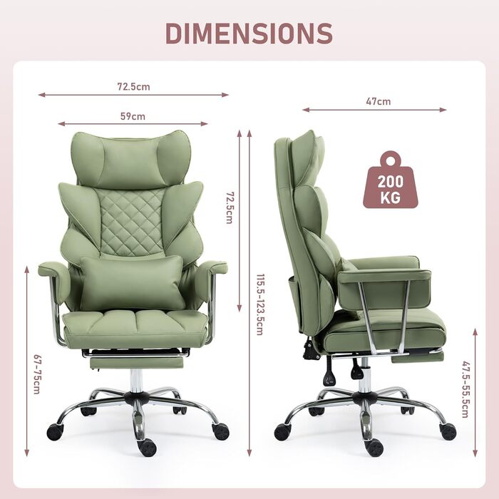 Офісне крісло 200 кг з підставкою для ніг - Ергономічне ігрове та крісло для керівників з функцією повороту на 360, регульованою спинкою на 90-135 та м&39якими підлокітниками для оптимального комфорту (Звичайне, Зелене) Зелене Звичайне