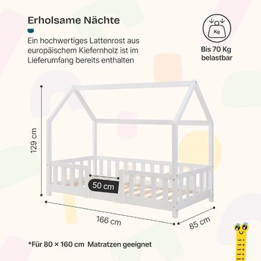Ліжко Sisimiut Montessori House 80 x 160 см із захистом від падіння, дерев&39яне дитяче ліжко, підлогове ліжко, рейкова основа, сосна, матово-білий колір, 80 x 160 см, матрац не входить до комплекту