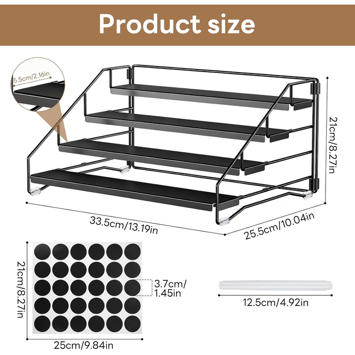 Рівнева підставка для спецій, не потребує свердління, металевий органайзер для спецій з етикетками та ручкою, регульована по висоті підставка для спецій для кухні, шафи, ванної кімнати, 4-