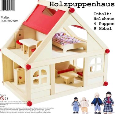 Дерев&39яний ляльковий будиночок Іззі з 2 поверхами, 4 ляльками та 9 предметами меблів Ручка для перенесення (Дитячий ляльковий будиночок з 2 поверхами, меблями та аксесуарами) - (38 x 27 x 39 см) 2-поверховий ляльковий будиночок