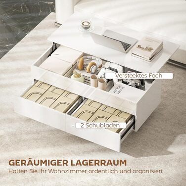 Журнальний столик HOMCOM з регульованою висотою, стіл для вітальні з підйомною стільницею, 2 шухлядами та прихованим місцем для зберігання, журнальний столик-диван для вітальні, білий глянець