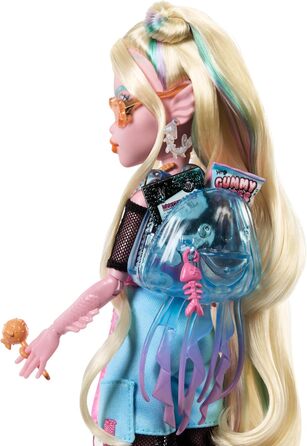 Лялька Monster High Lagoona Blue у сітчастій футболці та штанях-карго з рибкою Нептуною та аксесуарами, такими як рюкзак, перекус та блокнот, HXH75 Lagoona Blue з Нептуною