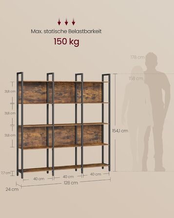 Книжкова полиця VASAGLE, кухонна полиця, окремостояча полиця з 5 відкритими полицями, для коридору, кухні, офісу, міцна сталева рама, промисловий дизайн, 24 x 128 x 154,1 см, вінтажний коричнево-чорний LLS150K01 24 x 128 x 154,1 см (5 рівнів)