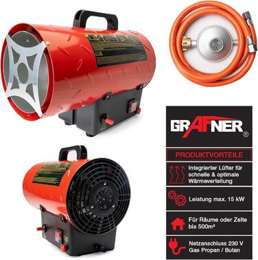 Газовий обігрівач Grafner XXL, 15 кВт, зі з&39єднувальним шлангом, регулятором тиску, турбовентилятором, п&39єзорозпалом, для стандартних газових балонів, генератором гарячого повітря, нагрівальною гарматою, газовим обігрівачем, будівельним обігрівачем, н