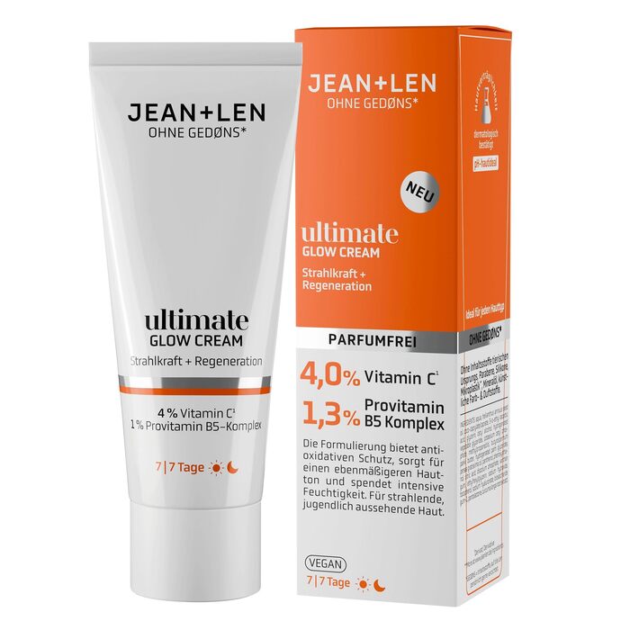 Крем для сяйва шкіри Jean & Len Ultimate Glow, підходить для всіх типів шкіри, забезпечує здорове сяйво, з похідною вітаміну C, без запаху та веганський, 50 мл