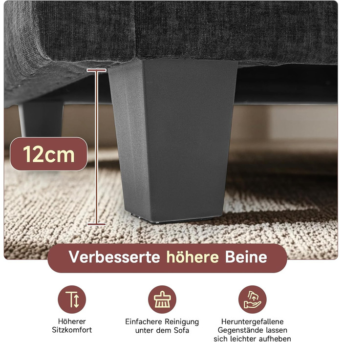 Модульний кутовий диван, L-подібний диван для вітальні, надзвичайно глибокі, зручні дивани-хмарки з шенілу з декоративними подушками та розсувною оттоманкою (чорний, 3 місця з 1 оттоманкою) Чорний 3 місця з 1 оттоманкою