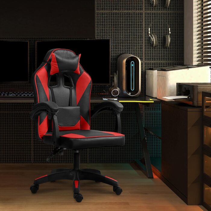 Офісне крісло CLP Orkney Ергономічне ігрове крісло з оббивкою зі штучної шкіри Робоче крісло з регульованою спинкою та підголівником, колір чорний/червоний