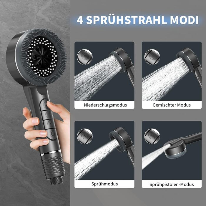 Душова лійка з шлангом, високий тиск, фільтр від вапняного нальоту, 31 режими струменя, функція зупинки води, темно-сірий колір TY001