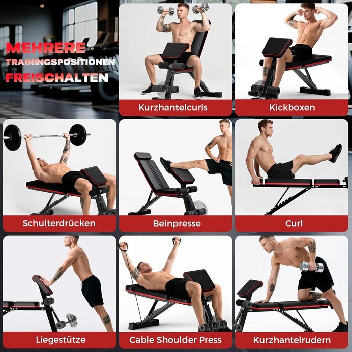 Складана багатофункціональна силова лава, регульована спинка в 7 положеннях/регульована подушка сидіння в 3 положеннях, вантажопідйомність 400 кг, регульований кут нахилу для тренувань вдома або в спортзалі