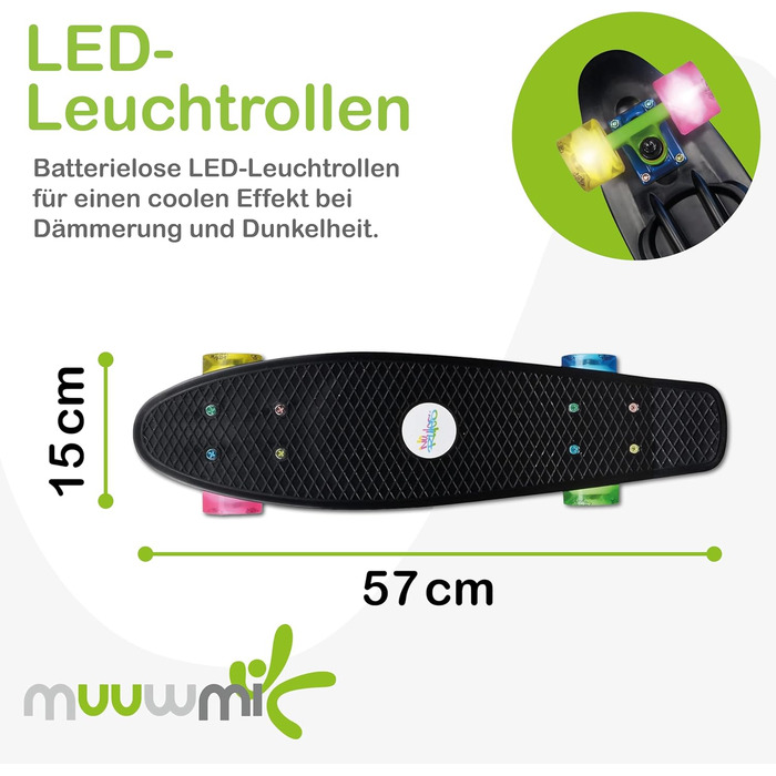 Скейтборд Muuwmi Lights Fun Glow — дека 57×15 см, колеса PU 60×45 мм, підшипники ABEC 5