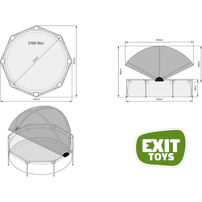 Кам&39яний басейн EXIT Toys із парасолькою - ø244x76 см - Компактний круглий каркасний басейн з картриджним фільтруючим насосом - Оптимальний захист від ультрафіолету - Легкий доступ - Міцний каркас - Унікальний дизайн - Сірий