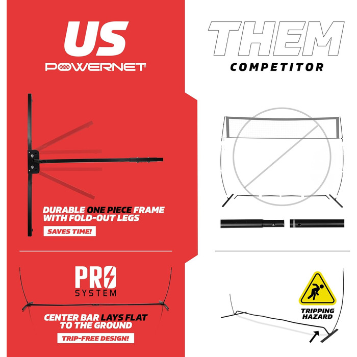 Волейбольна сітка PowerNet – окремостояча портативна, регульована, для приміщень та вулиці, складна рама, ідеальна для подачі та тренувань