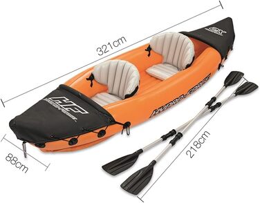 Надувний каяк Hydro-Force Rapid Kayak для 2 осіб з сидіннями, спинкою, веслами, ручним насосом та сумкою для перенесення.