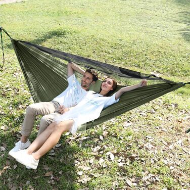 Гамак для кемпінгу з москітною сіткою та коньковим шнуром, надзвичайно великий для 2 осіб 290 x 140 см, універсальний швидкознімний надлегкий гамак для використання на свіжому повітрі, походів, подорожей та походів, колір 01-армійський зелений